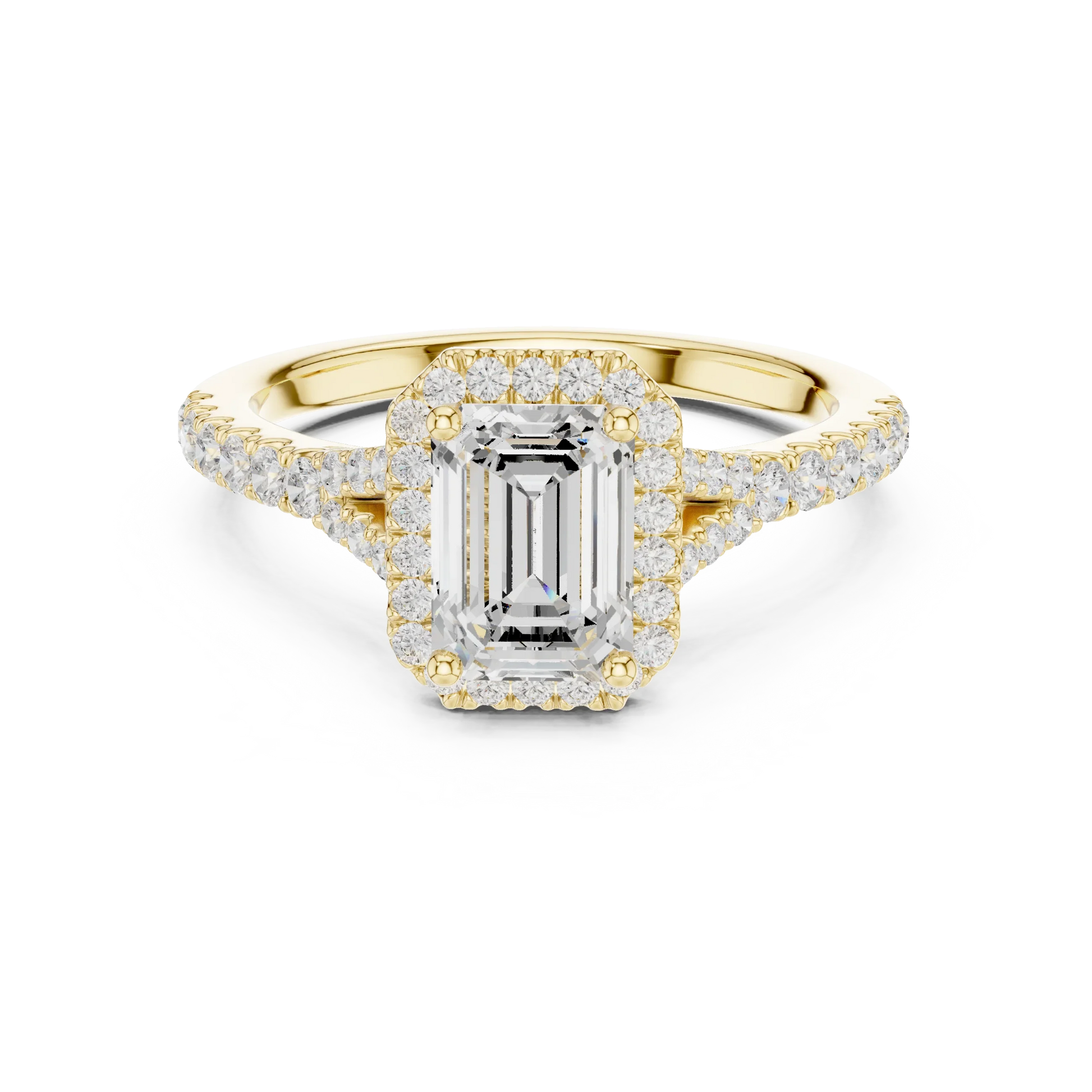 Lab-grown emerald halo diamond ring in yellow gold with pavé split shank band