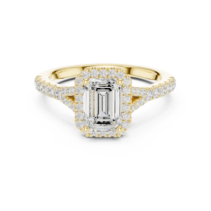 Lab-grown emerald halo diamond ring in yellow gold with pavé split shank band