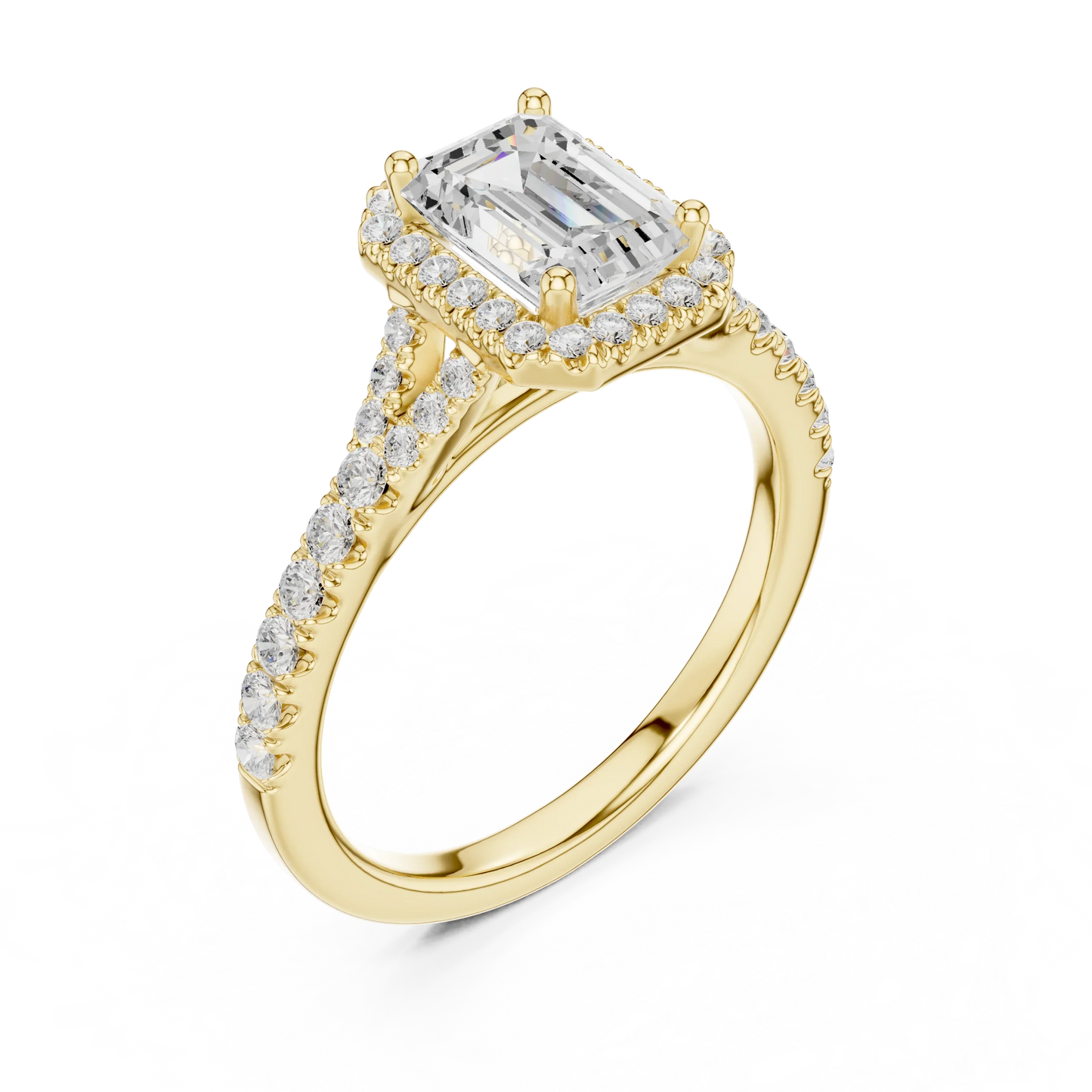 Front view of yellow gold emerald halo ring with pavé split shank band and center diamond