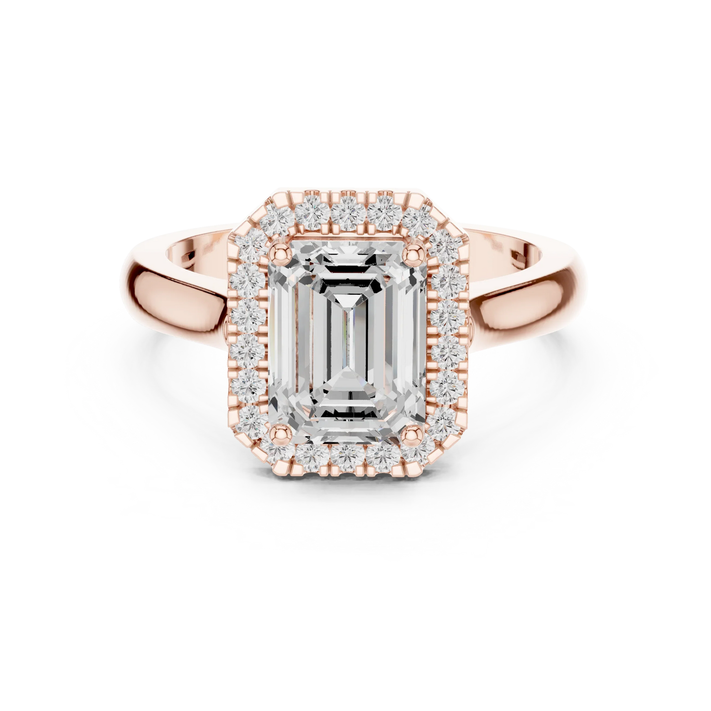 Emerald cut halo ring with lab-grown diamond in rose gold with modern romantic finish