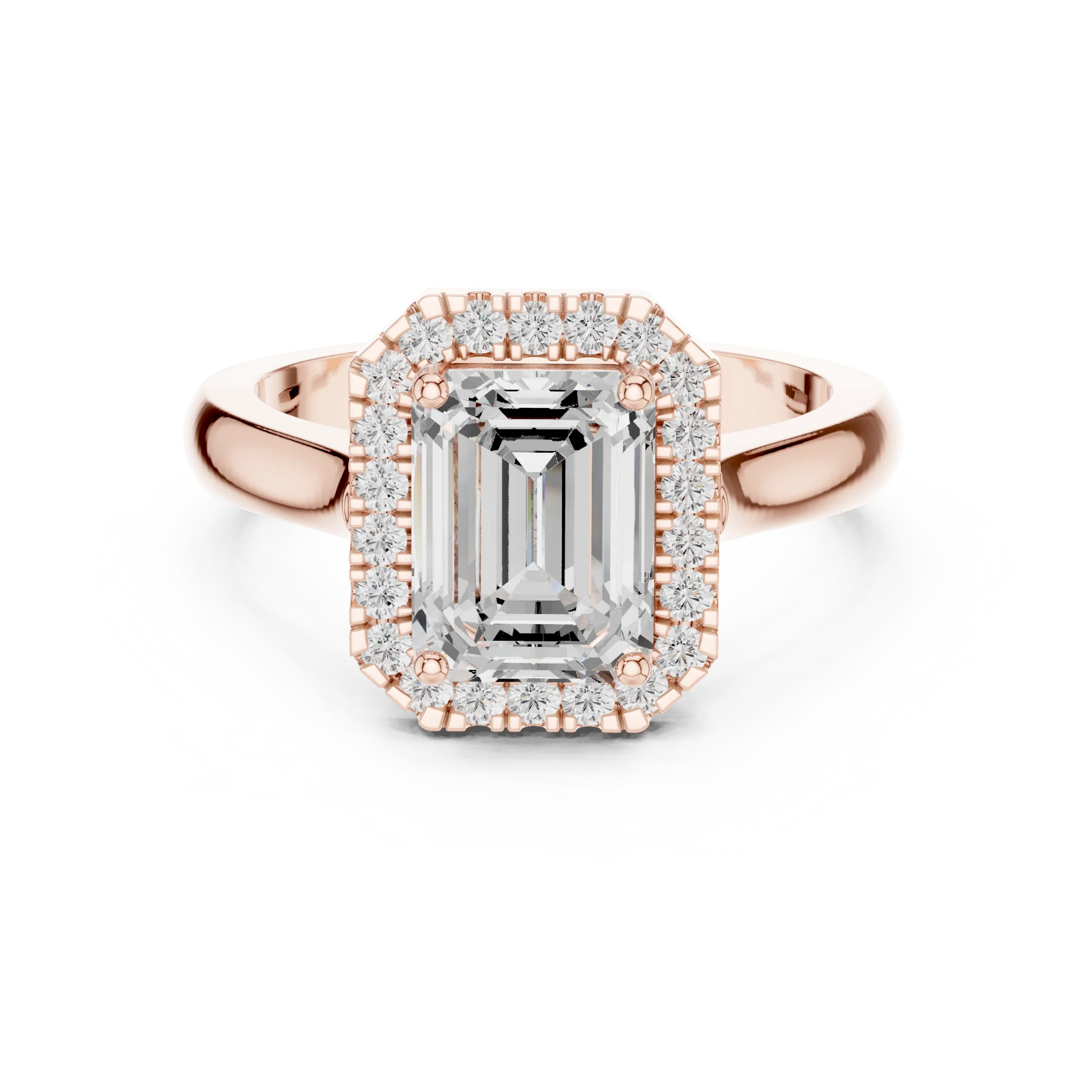 Emerald cut halo ring with lab-grown diamond in rose gold with modern romantic finish