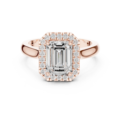 Emerald cut halo ring with lab-grown diamond in rose gold with modern romantic finish