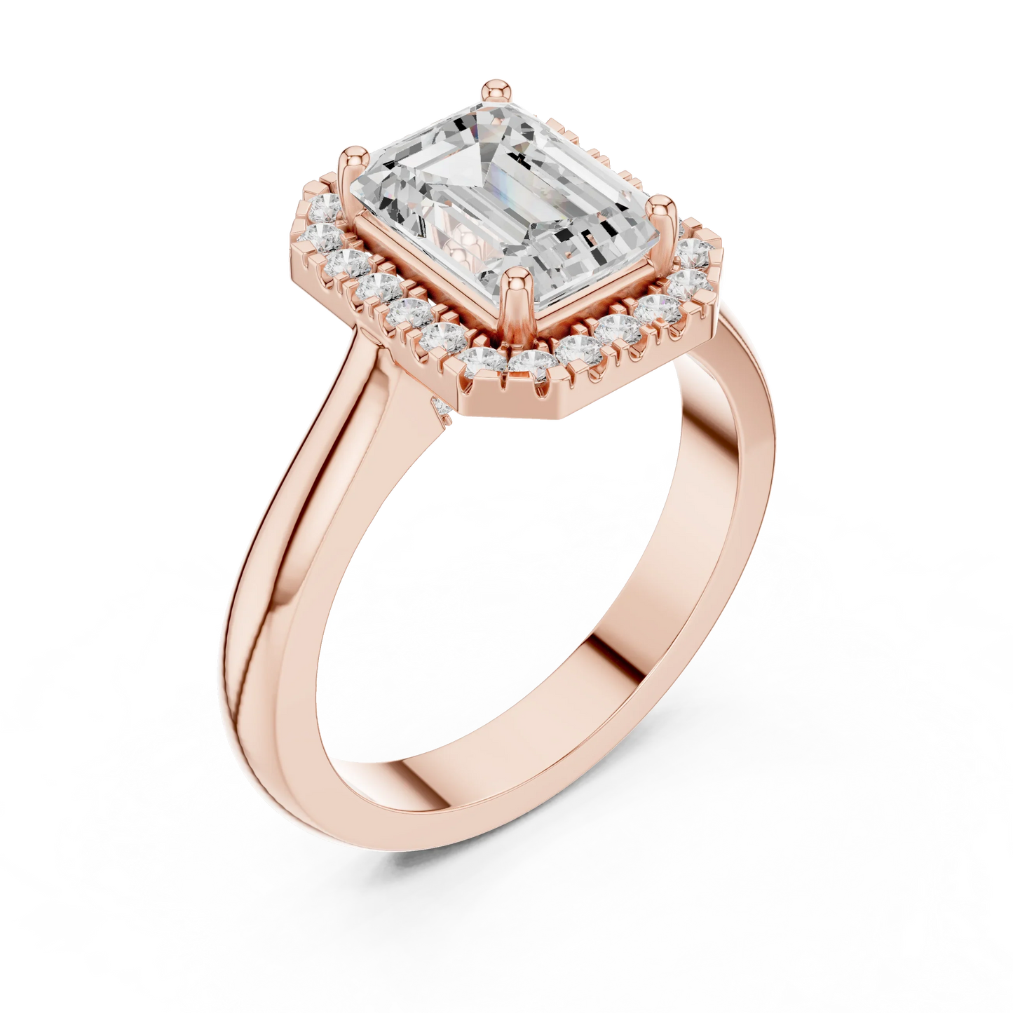 Front view of rose gold emerald halo ring featuring lab-grown diamond with halo setting