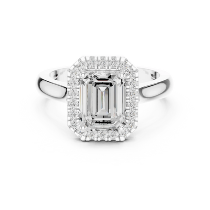 Emerald cut halo ring with lab-grown diamond in white gold, elegant and timeless design, Australia collection
