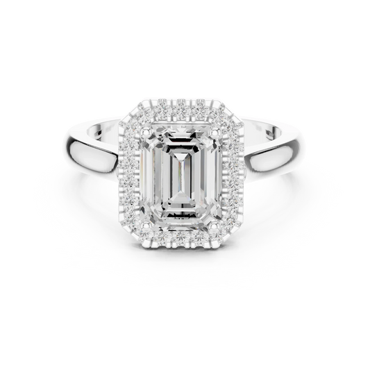 Emerald cut halo ring with lab-grown diamond in white gold, elegant and timeless design, Australia collection