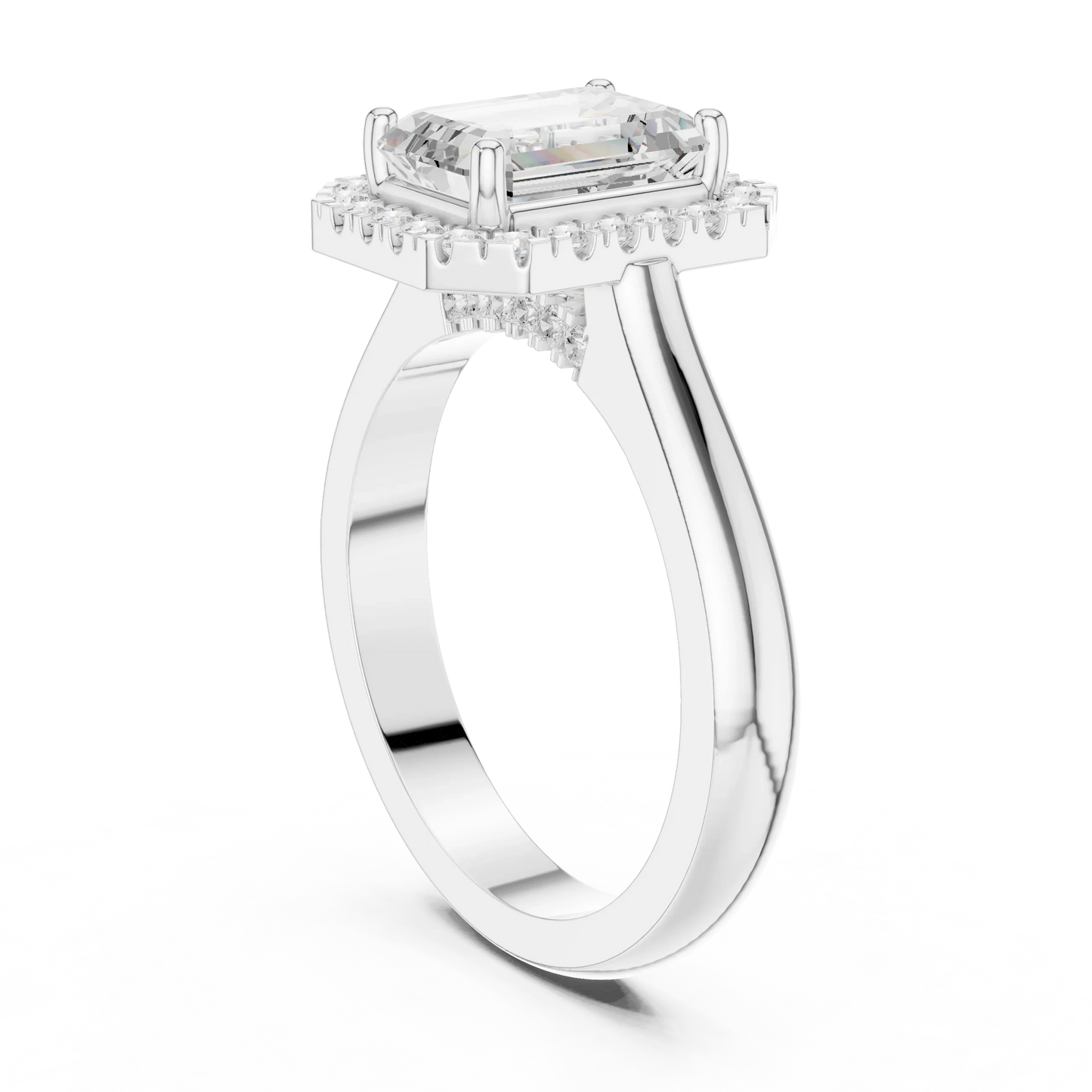 Back view of white gold emerald halo ring with lab-grown diamond and polished band