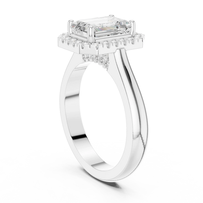 Back view of white gold emerald halo ring with lab-grown diamond and polished band