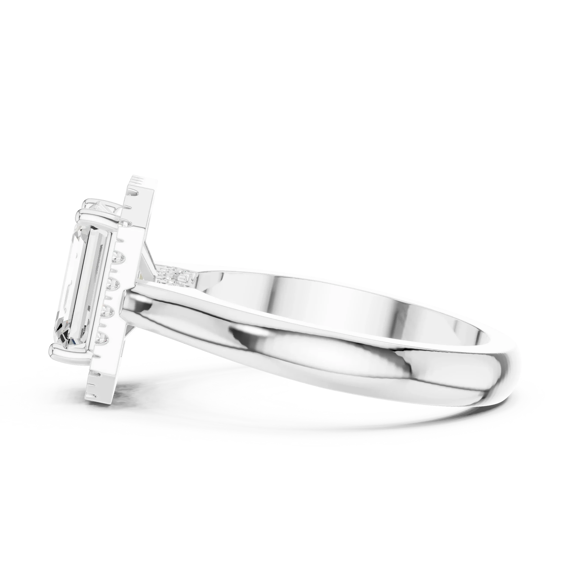Side view of white gold emerald halo ring highlighting diamond setting and band profile
