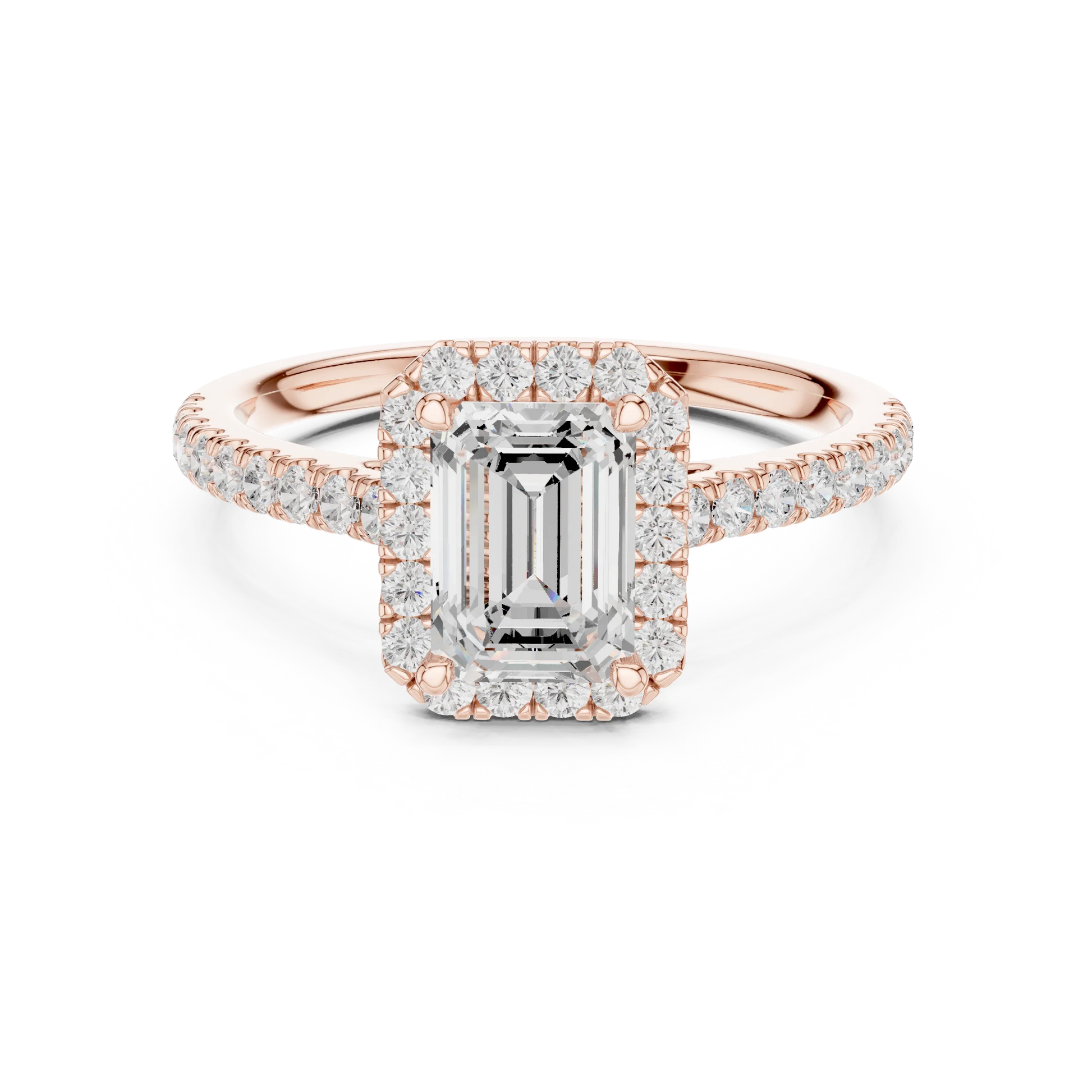Rose gold emerald-cut halo ring with pav茅 diamond band and lab-grown center stone