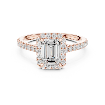 Rose gold emerald-cut halo ring with pav茅 diamond band and lab-grown center stone