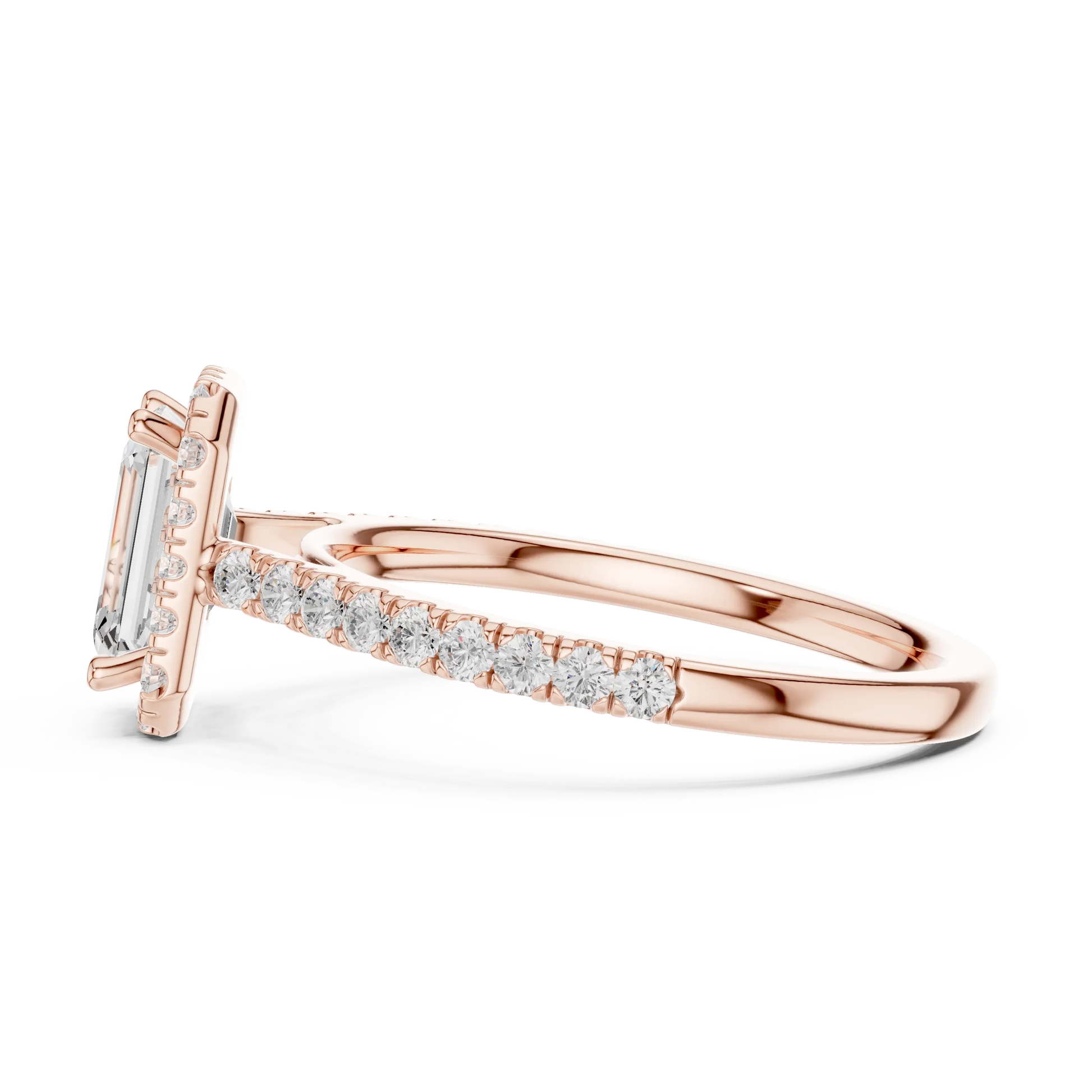 Side view of rose gold emerald-cut halo ring with pav茅 diamond band and lab-grown center stone