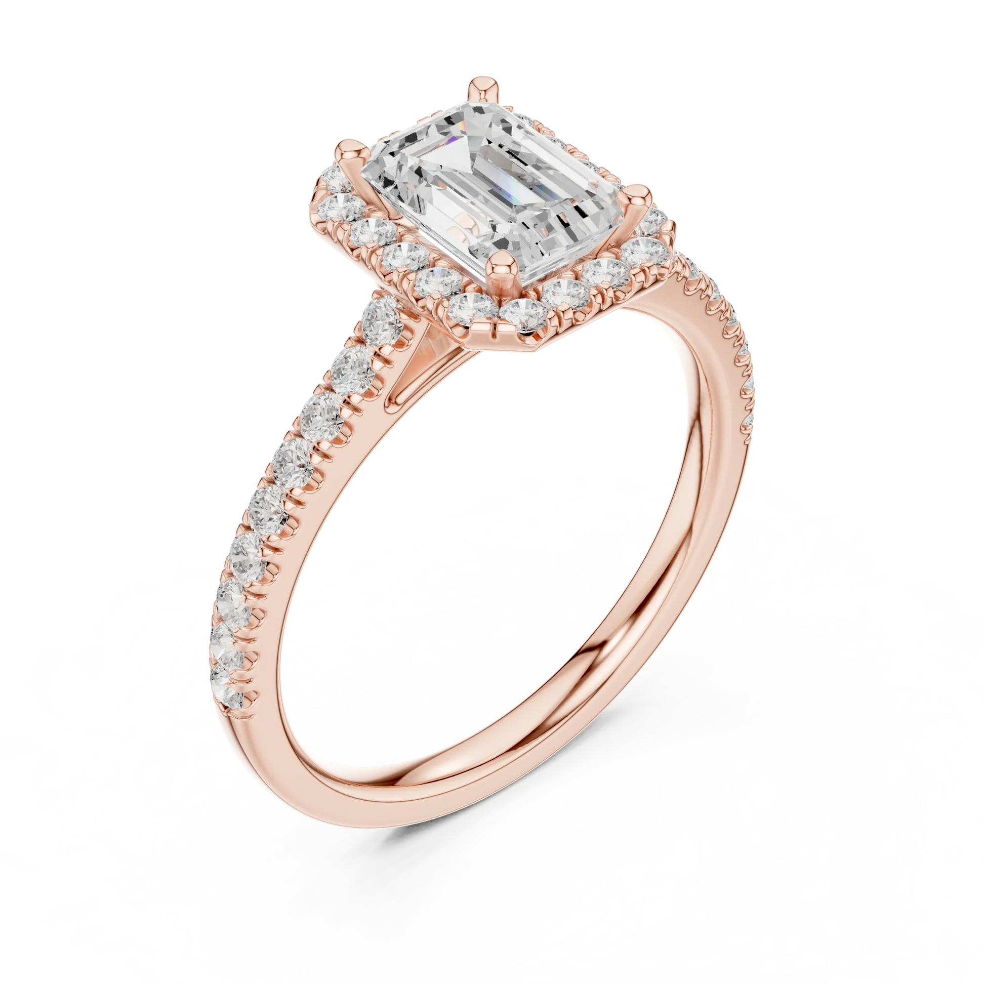 Top view of rose gold emerald-cut halo ring with pav茅 diamond band and lab-grown center stone