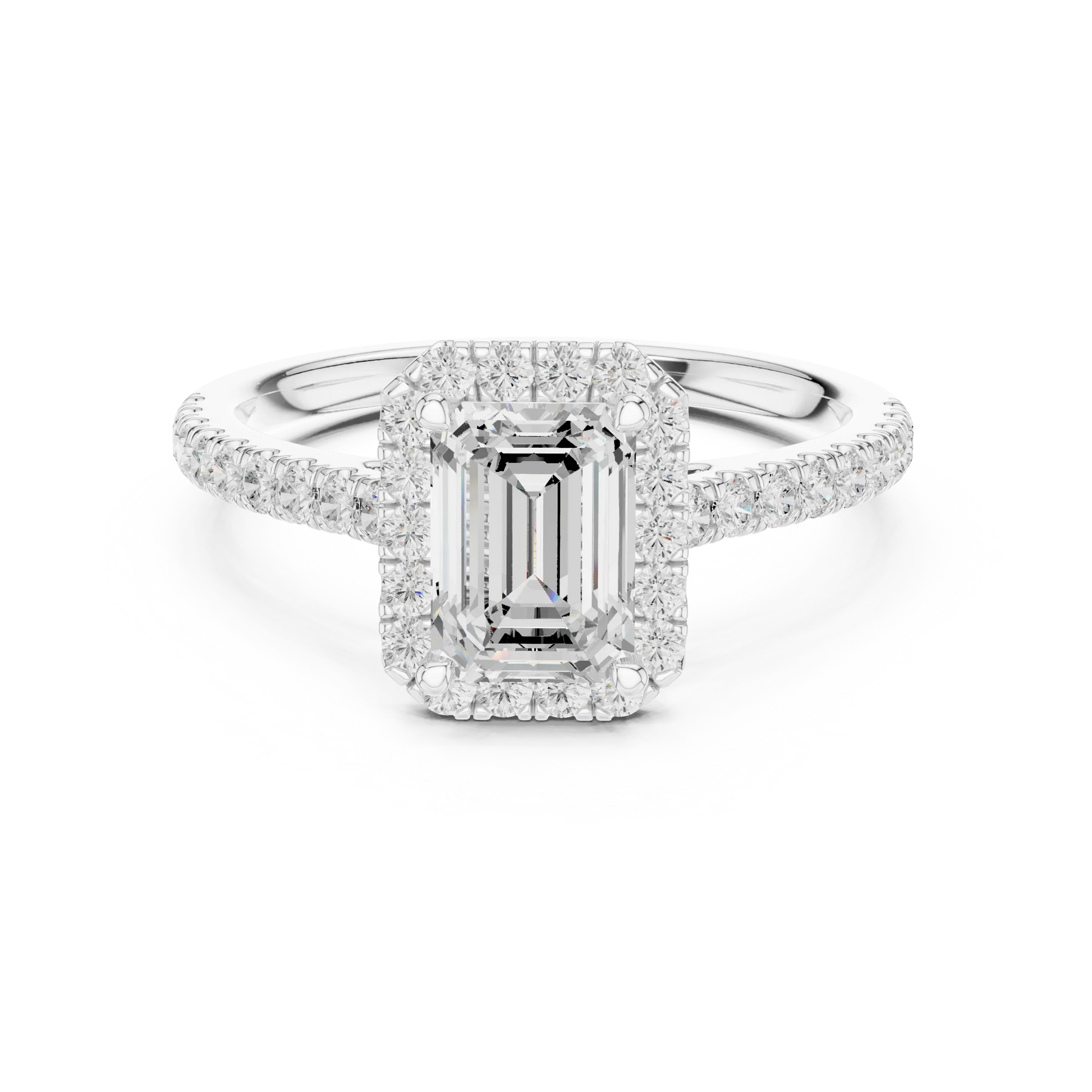 White gold emerald-cut halo ring with pav茅 diamond band and lab-grown center stone