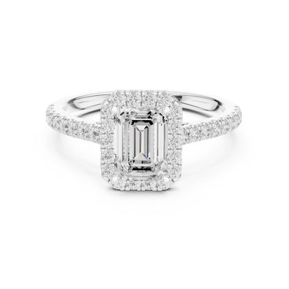 White gold emerald-cut halo ring with pav茅 diamond band and lab-grown center stone