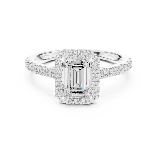 White gold emerald-cut halo ring with pav茅 diamond band and lab-grown center stone