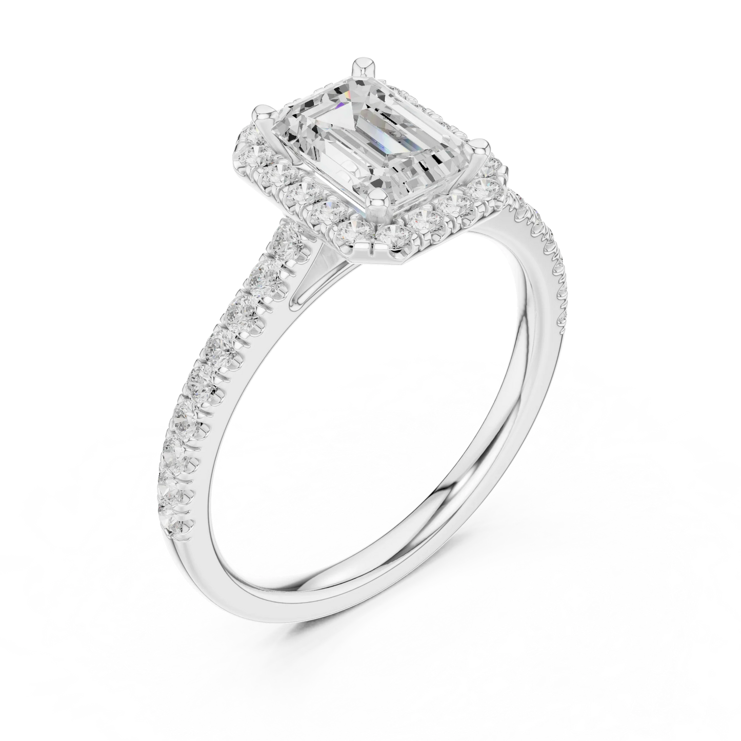 Top Front view of white gold emerald-cut halo ring with pav茅 diamond band and lab-grown center stone