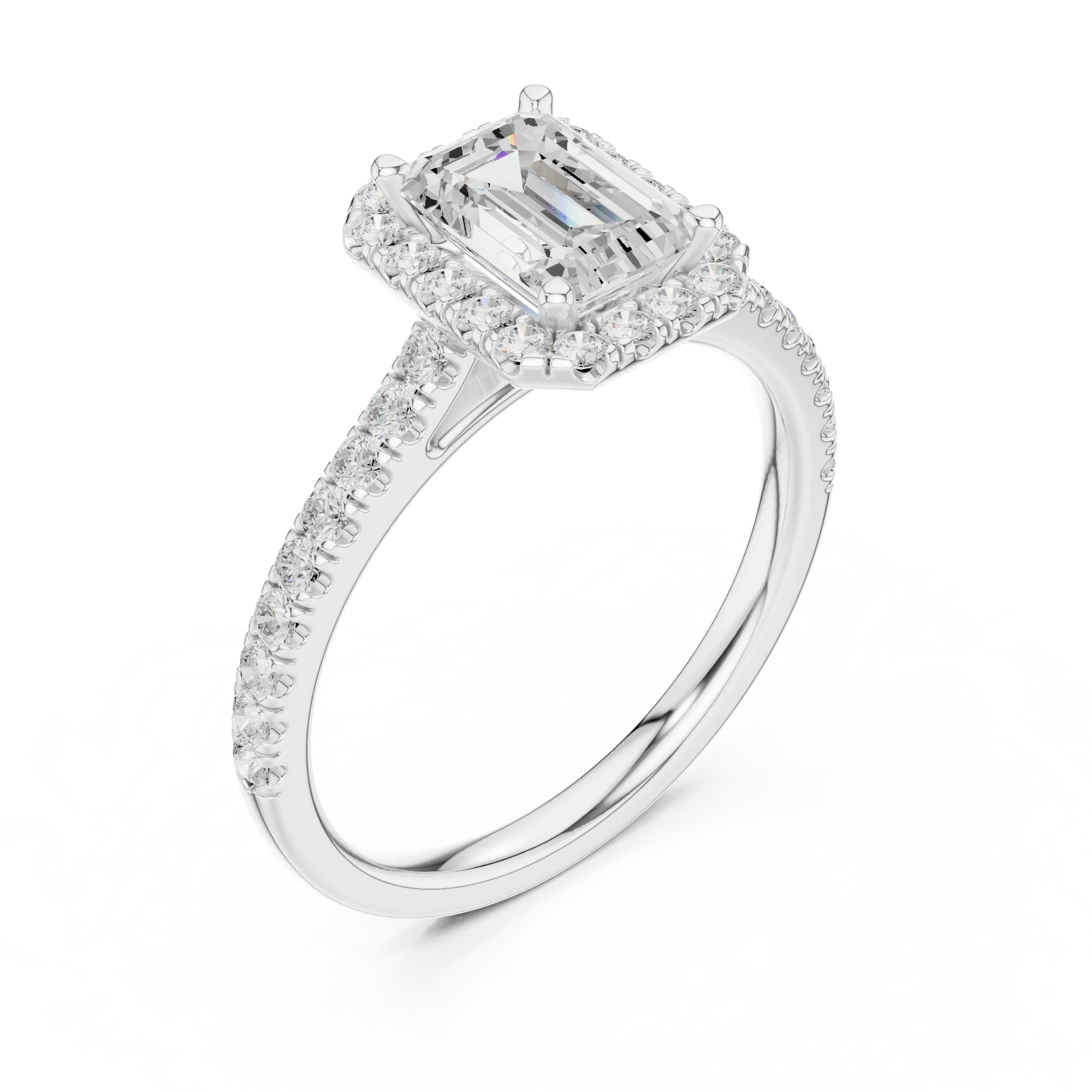 Top Front view of white gold emerald-cut halo ring with pav茅 diamond band and lab-grown center stone