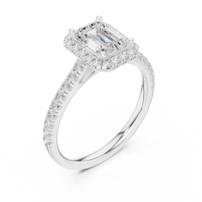 Top Front view of white gold emerald-cut halo ring with pav茅 diamond band and lab-grown center stone