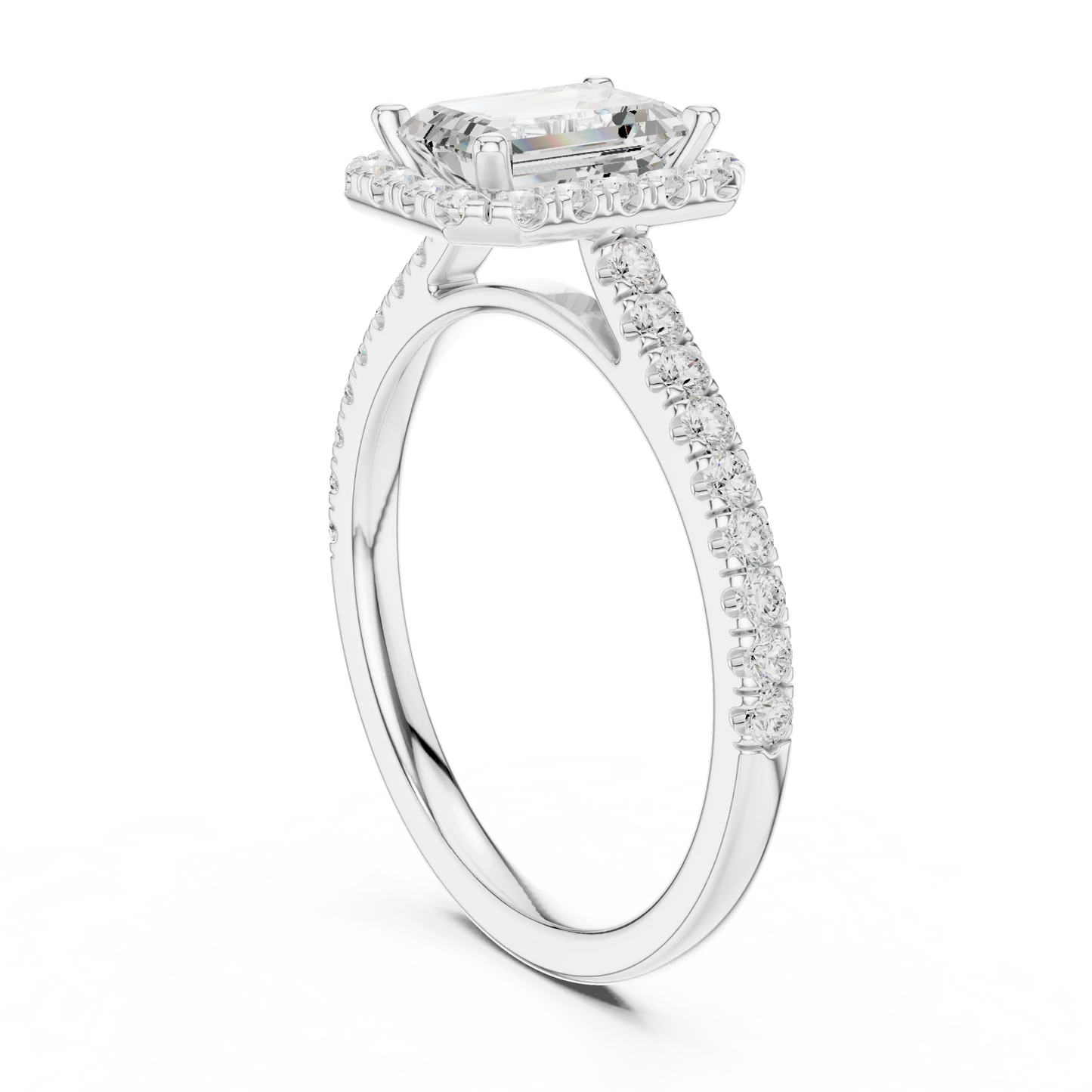 Top Side view of white gold emerald-cut halo ring with pav茅 diamond band and lab-grown center stone