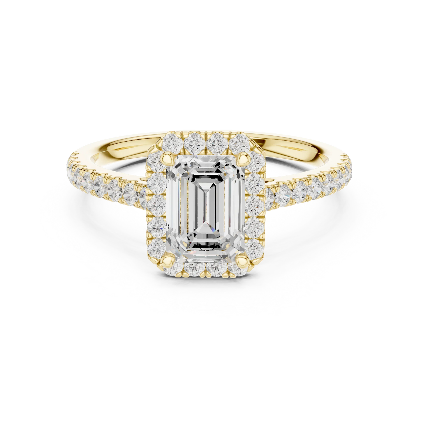 Yellow gold emerald-cut halo ring with pav茅 diamond band and lab-grown center stone