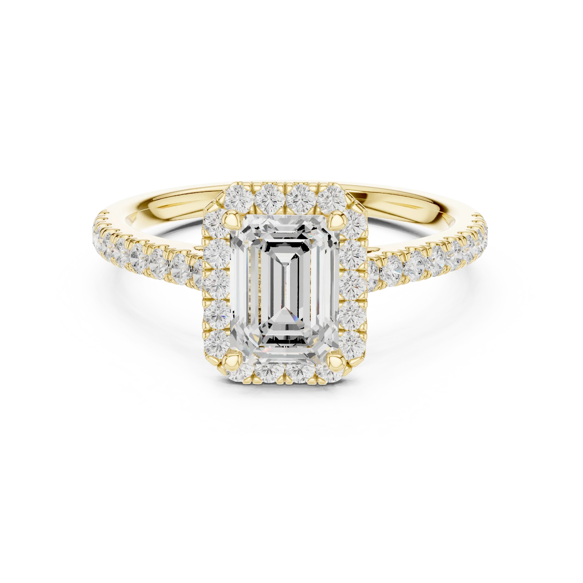 Yellow gold emerald-cut halo ring with pav茅 diamond band and lab-grown center stone