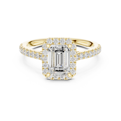Yellow gold emerald-cut halo ring with pav茅 diamond band and lab-grown center stone