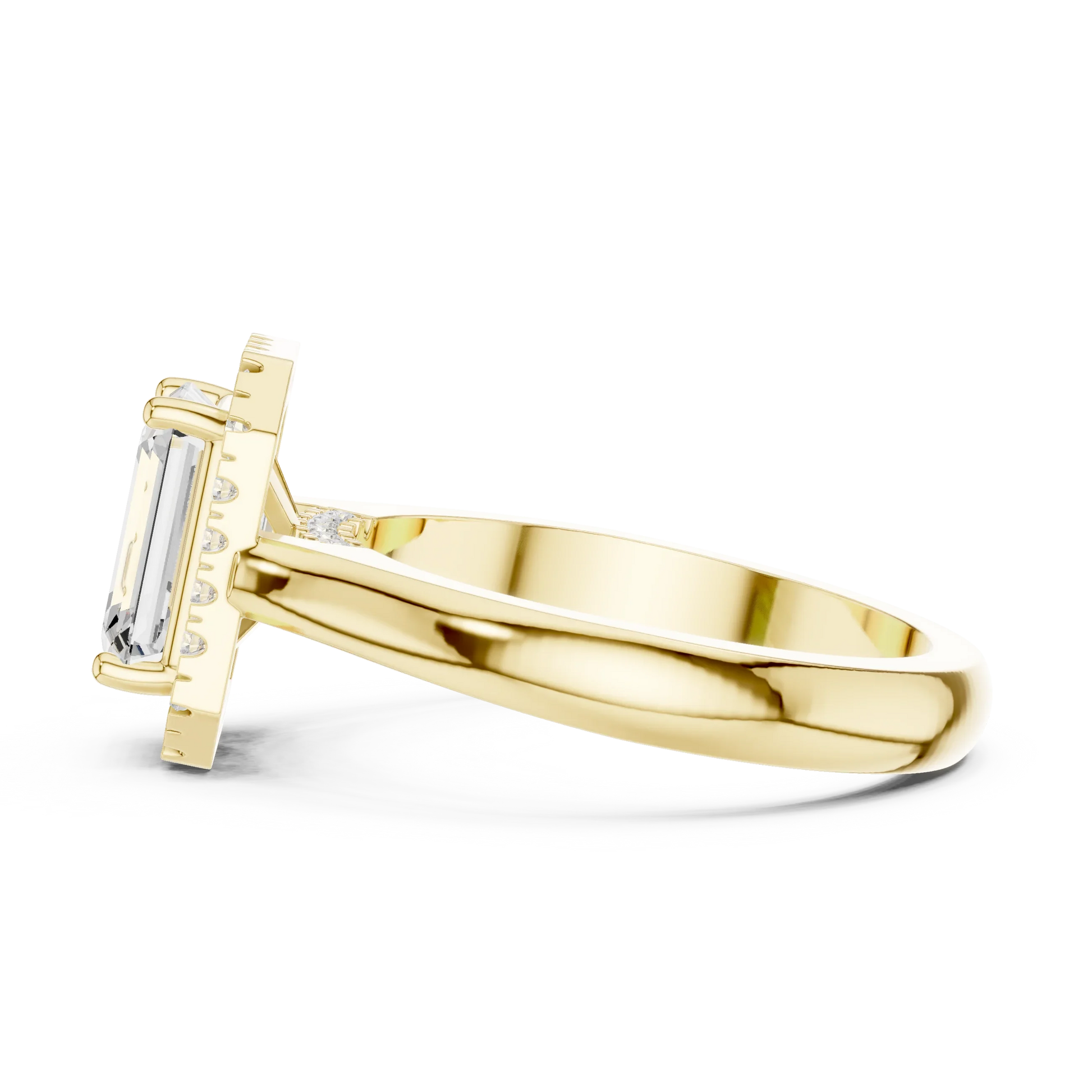 Emerald cut halo ring with lab-grown diamond in yellow gold, elegant and classic design
