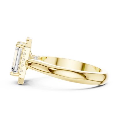 Emerald cut halo ring with lab-grown diamond in yellow gold, elegant and classic design