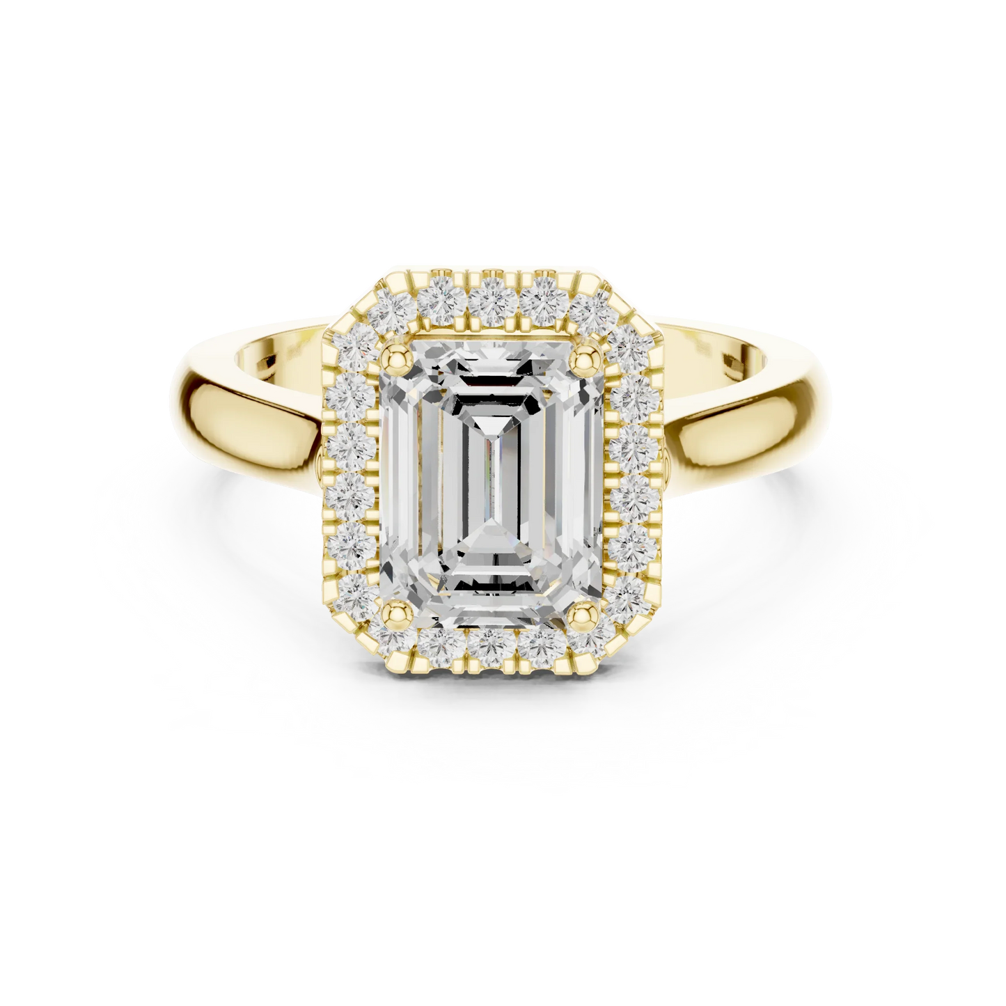 Emerald cut halo ring with lab-grown diamond in yellow gold with classic luxury appeal