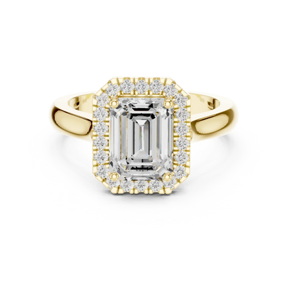 Emerald cut halo ring with lab-grown diamond in yellow gold with classic luxury appeal