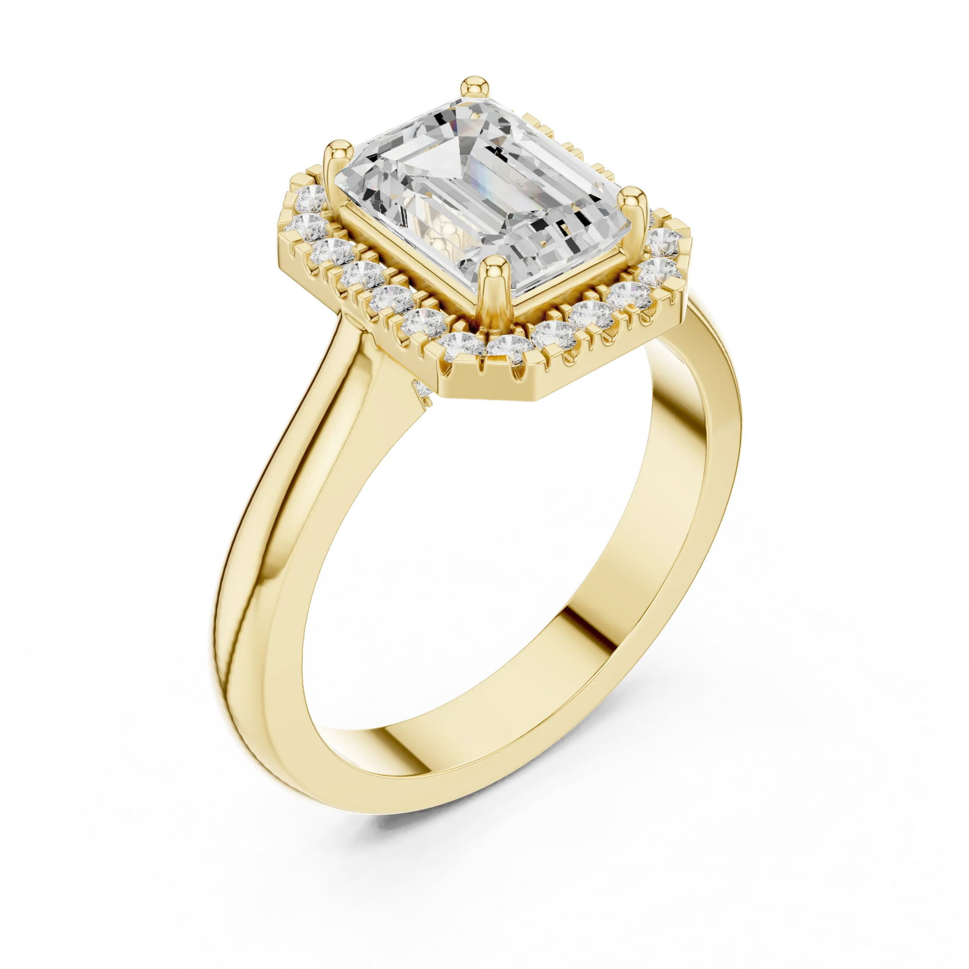 Front view of yellow gold emerald halo ring showcasing lab-grown diamond with halo design
