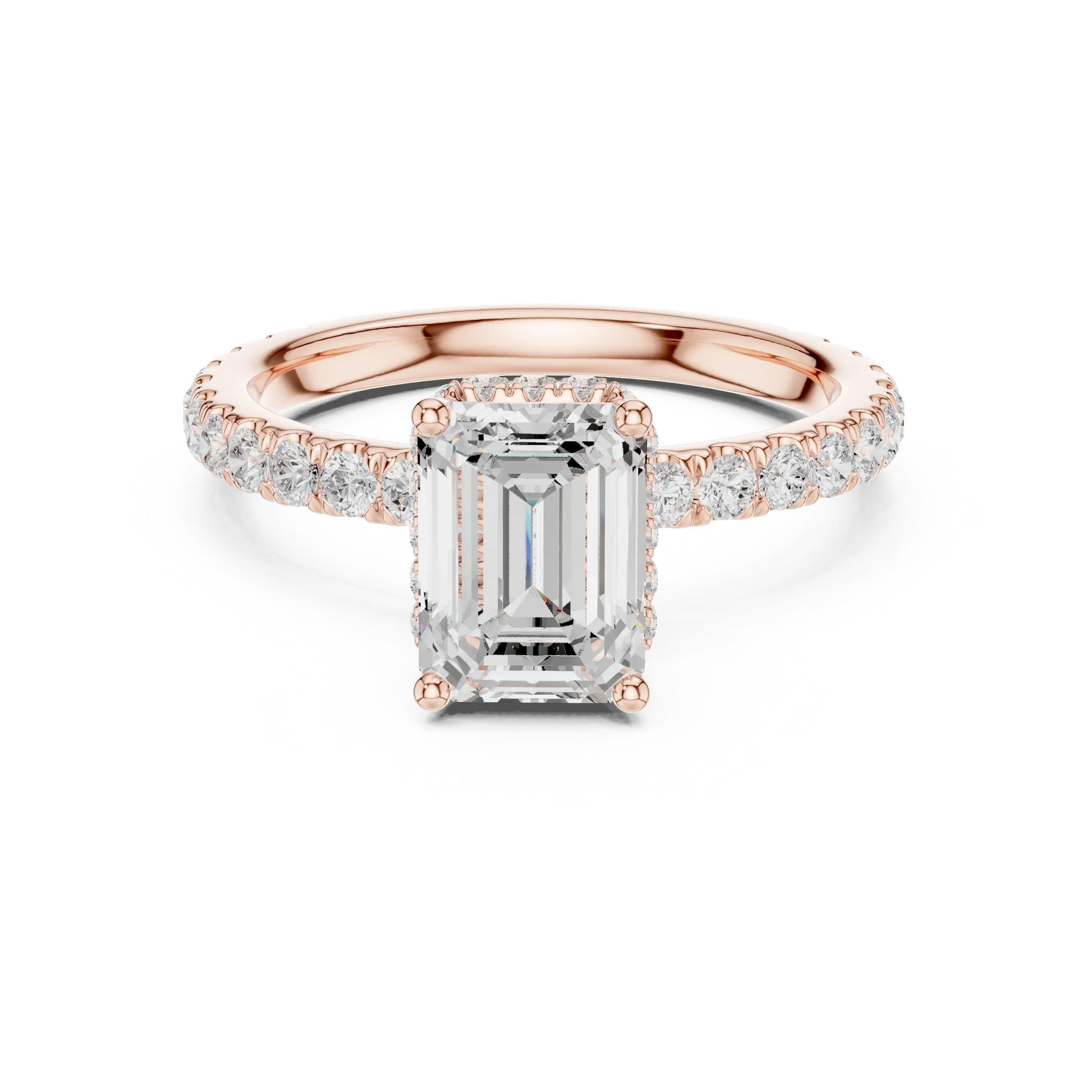 Emerald hidden halo ring in rose gold with pave diamond band and lab-grown diamond 鈥?Australia
