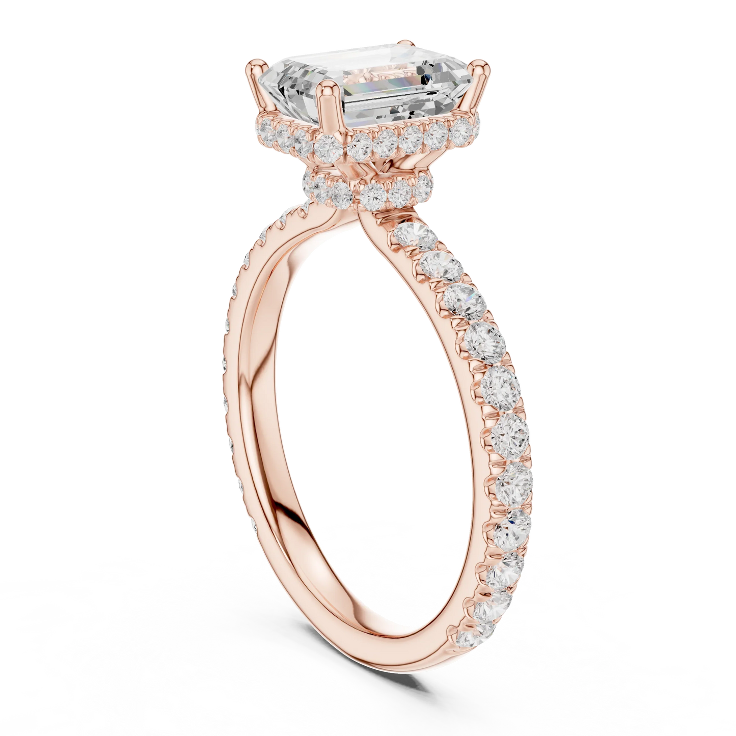 Back view of rose gold emerald hidden halo ring with pave diamond band and lab-grown diamond 鈥?Australia