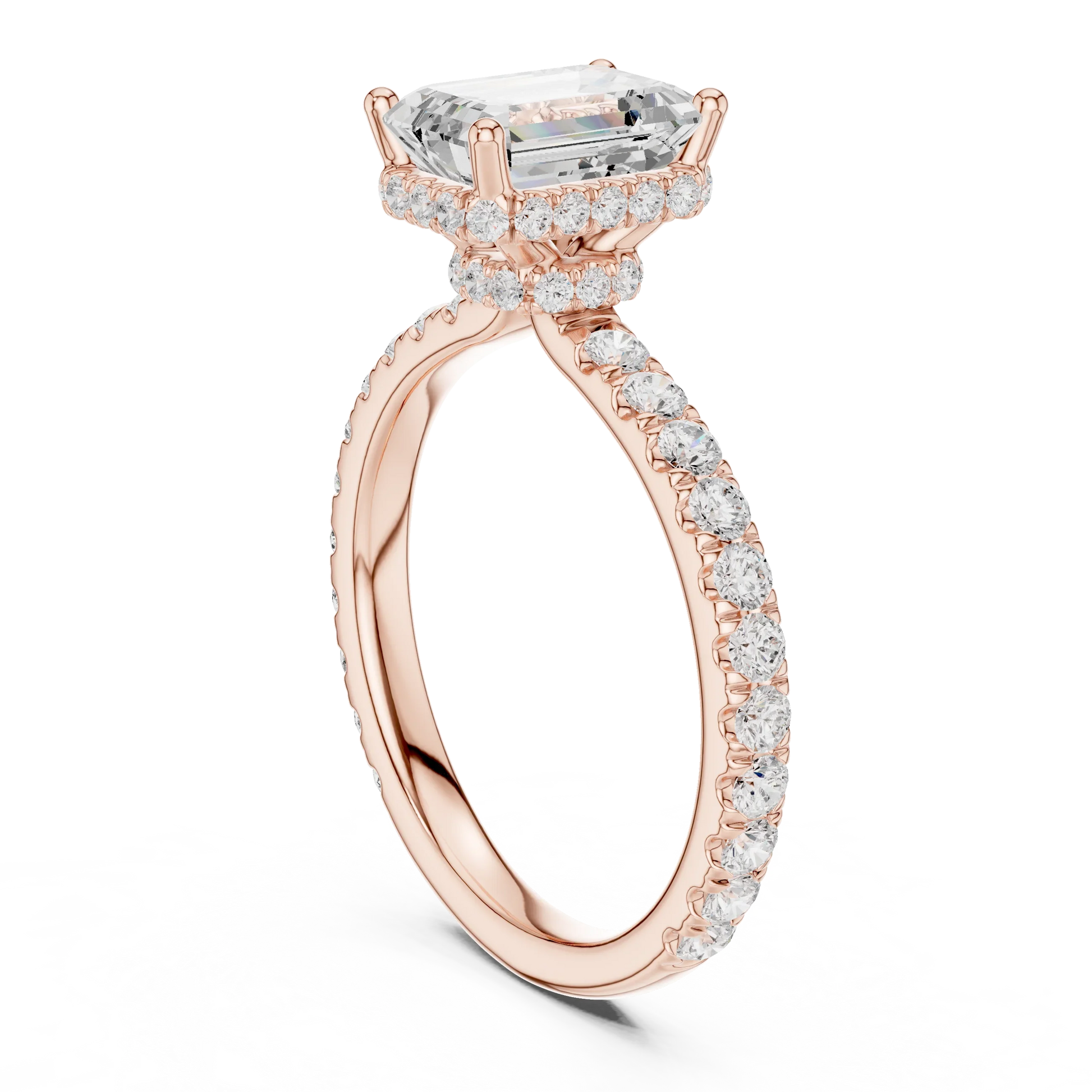 Back view of rose gold emerald hidden halo ring with pave diamond band and lab-grown diamond 鈥?Australia