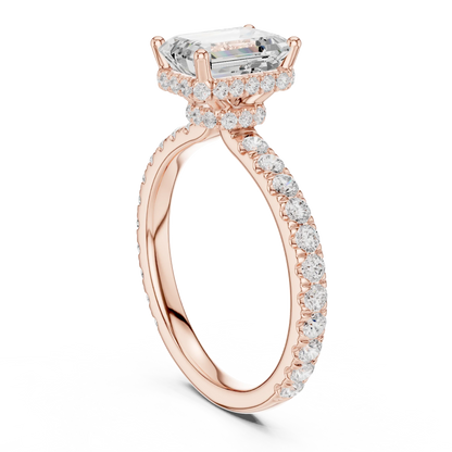 Back view of rose gold emerald hidden halo ring with pave diamond band and lab-grown diamond 鈥?Australia