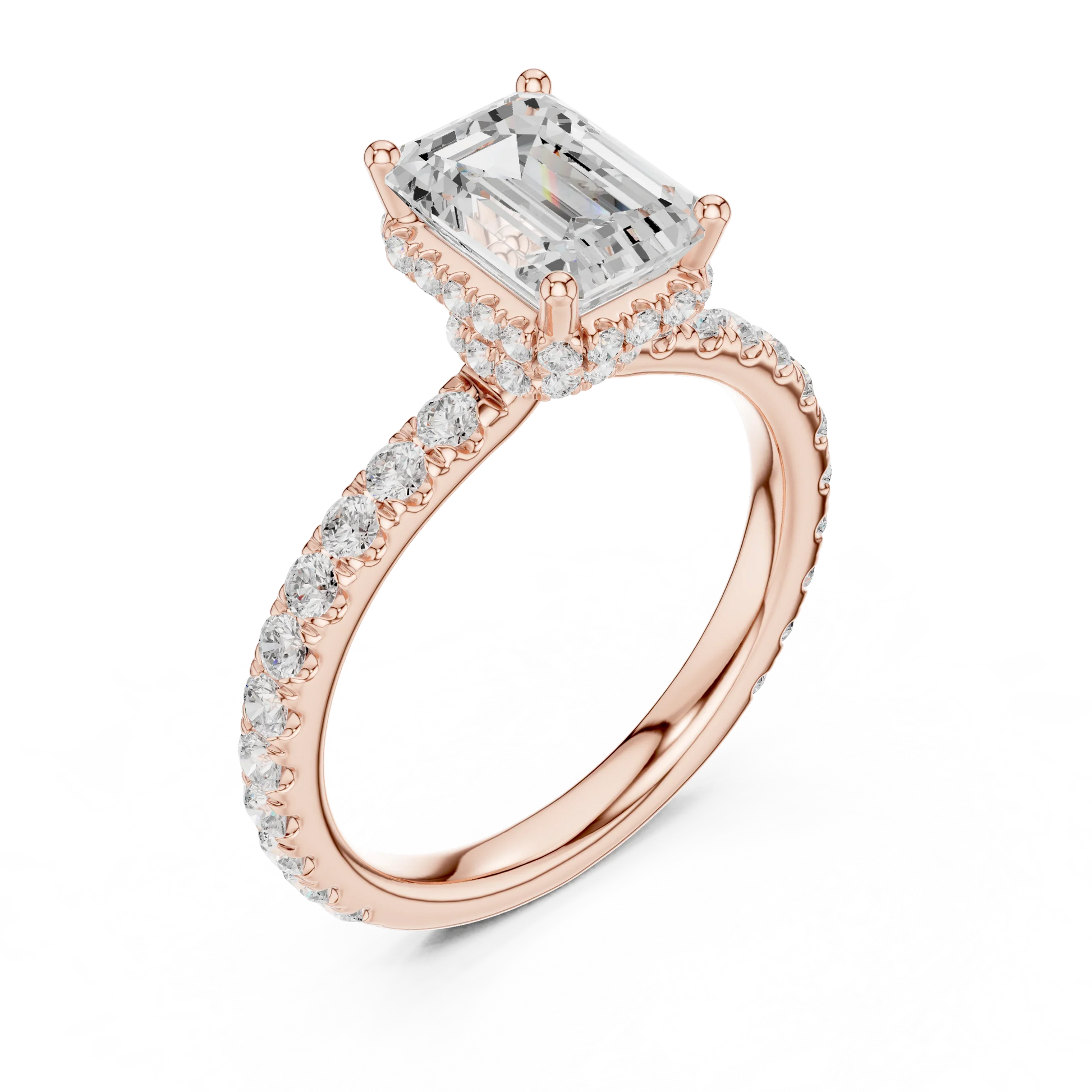 Front view of rose gold emerald hidden halo ring with pave diamond band and lab-grown diamond 鈥?Australia