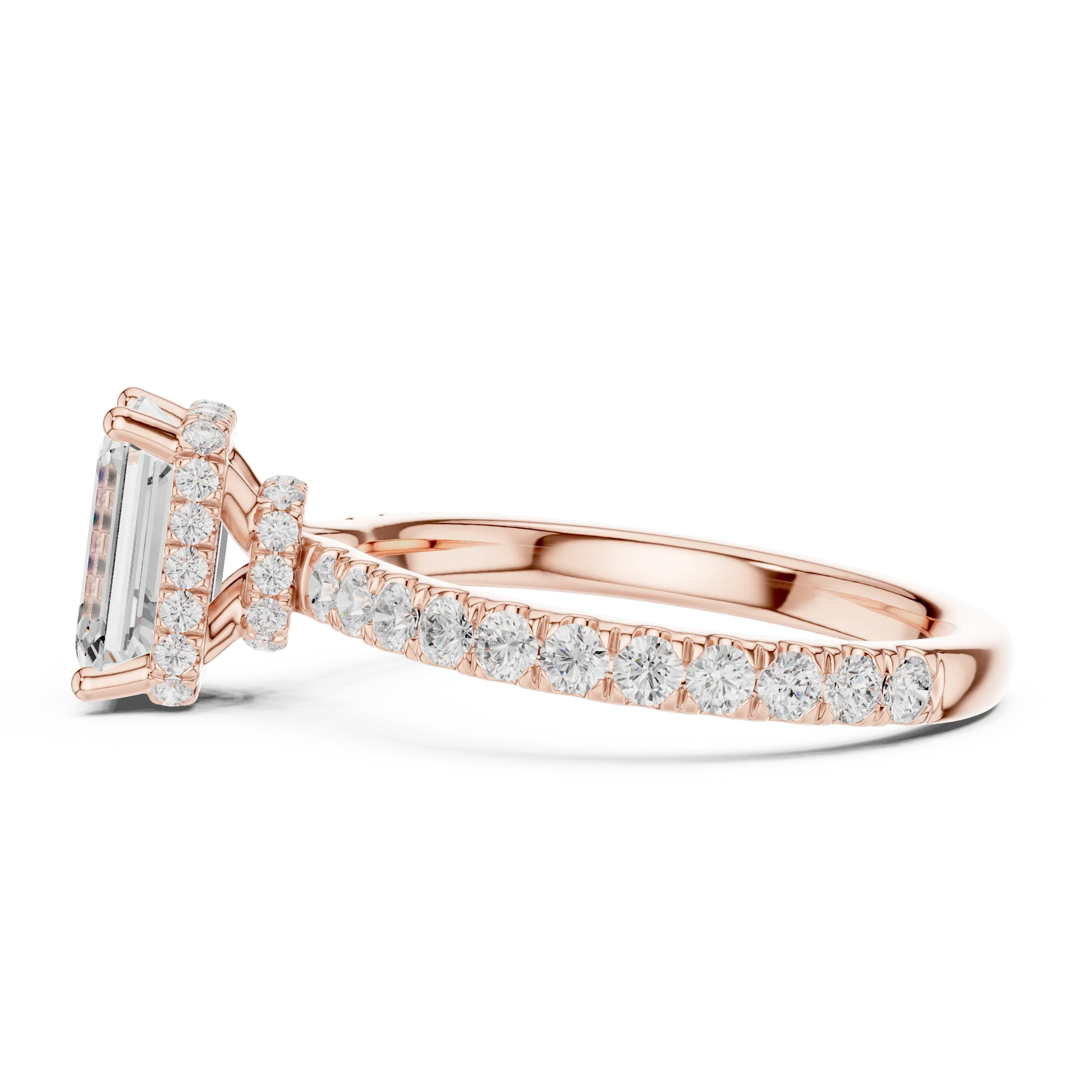 Side view of rose gold emerald hidden halo ring with pave diamond band and lab-grown diamond 鈥?Australia