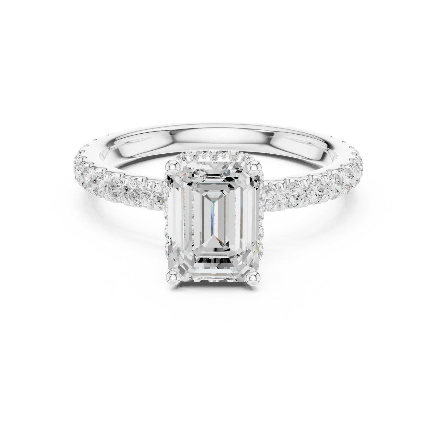 Emerald hidden halo ring in white gold with pave diamond band and lab-grown diamond 鈥?Australia