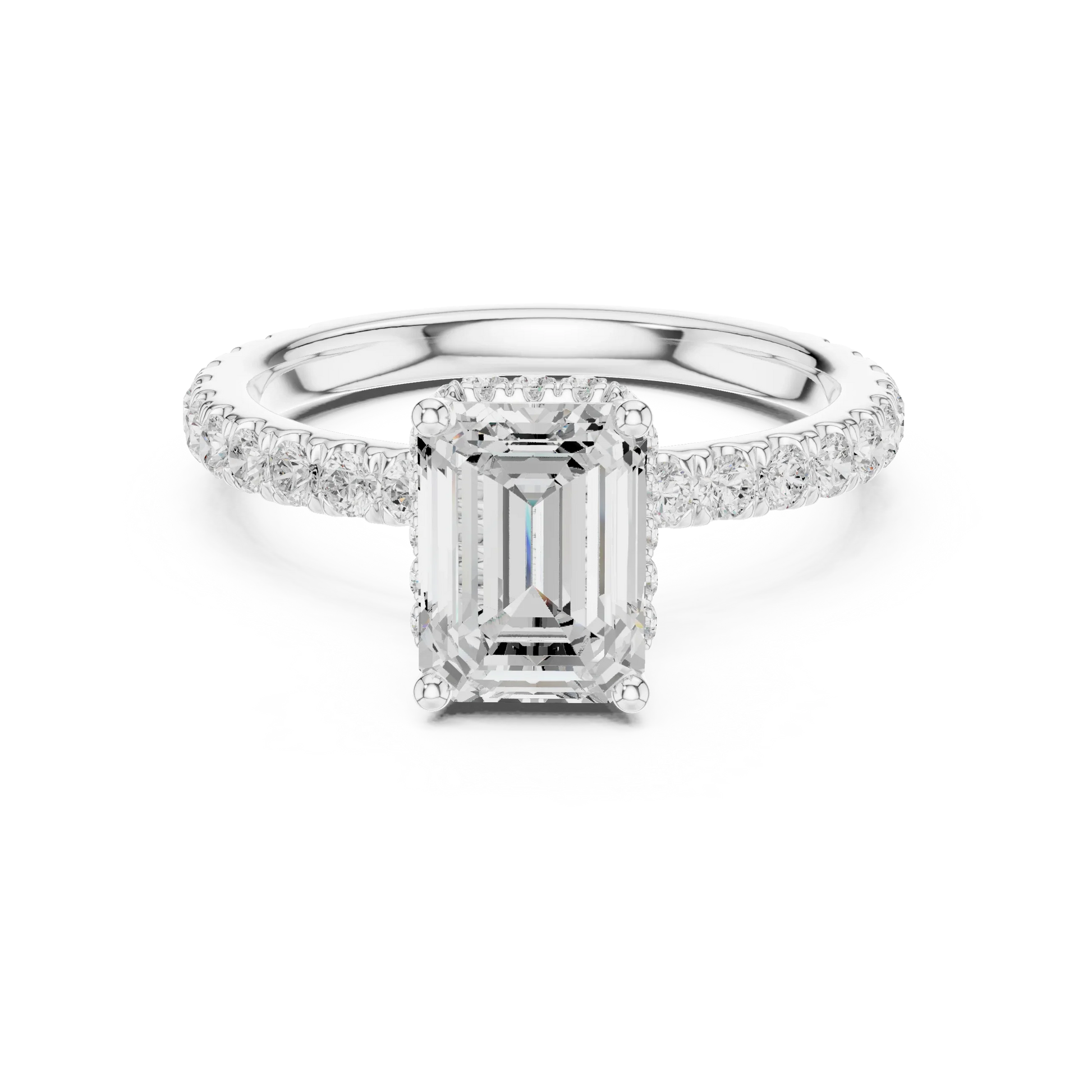 Emerald hidden halo ring in white gold with pave diamond band and lab-grown diamond 鈥?Australia