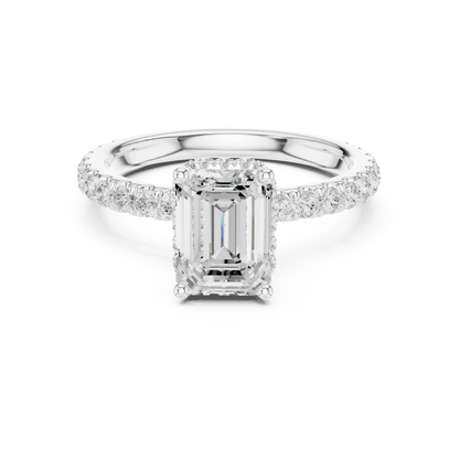 Emerald hidden halo ring in white gold with pave diamond band and lab-grown diamond 鈥?Australia