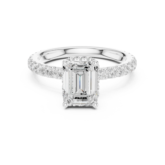 Emerald hidden halo ring in white gold with pave diamond band and lab-grown diamond 鈥?Australia