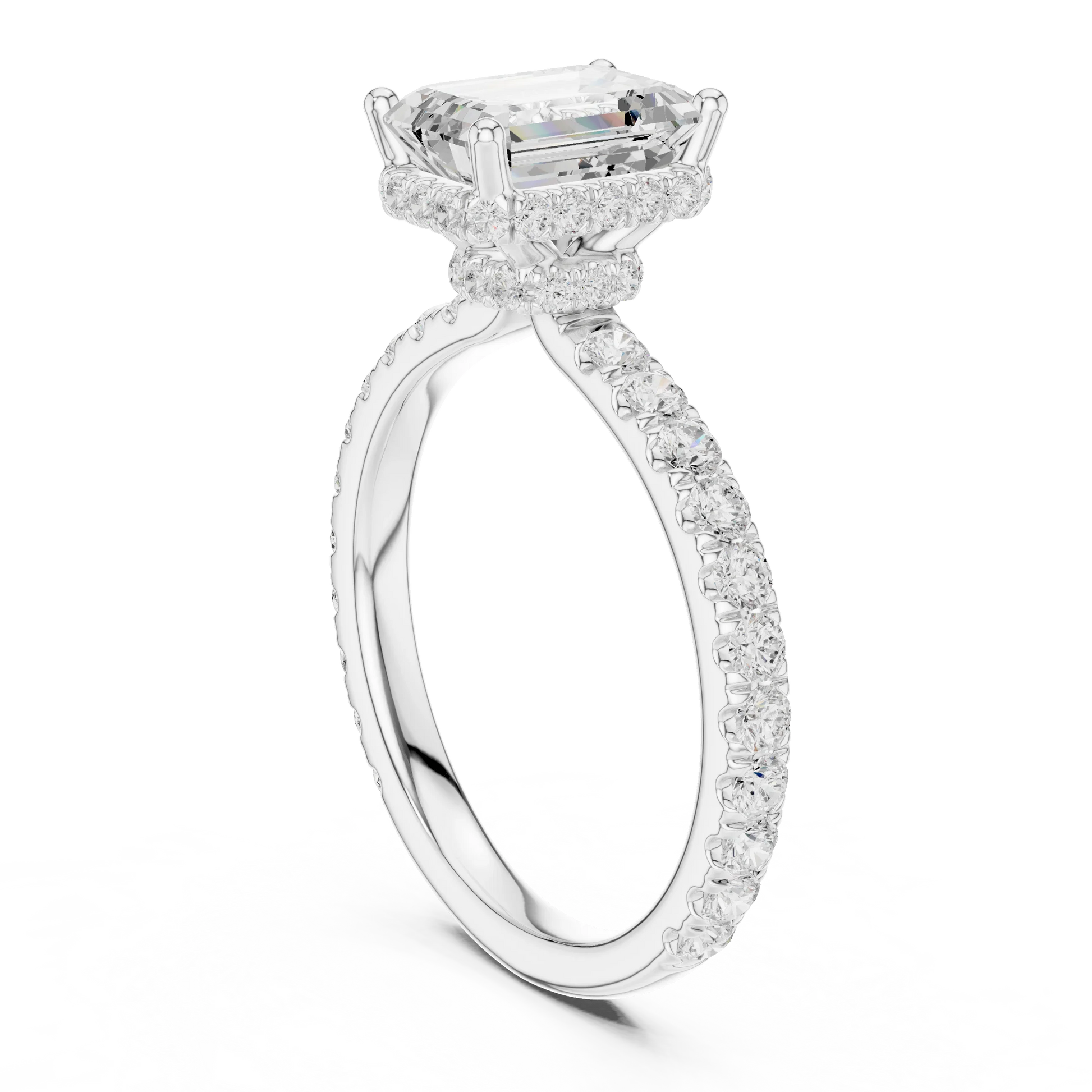 Back view of white gold emerald hidden halo ring with pave diamond band and lab-grown diamond 鈥?Australia