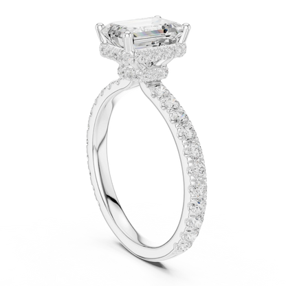 Back view of white gold emerald hidden halo ring with pave diamond band and lab-grown diamond 鈥?Australia