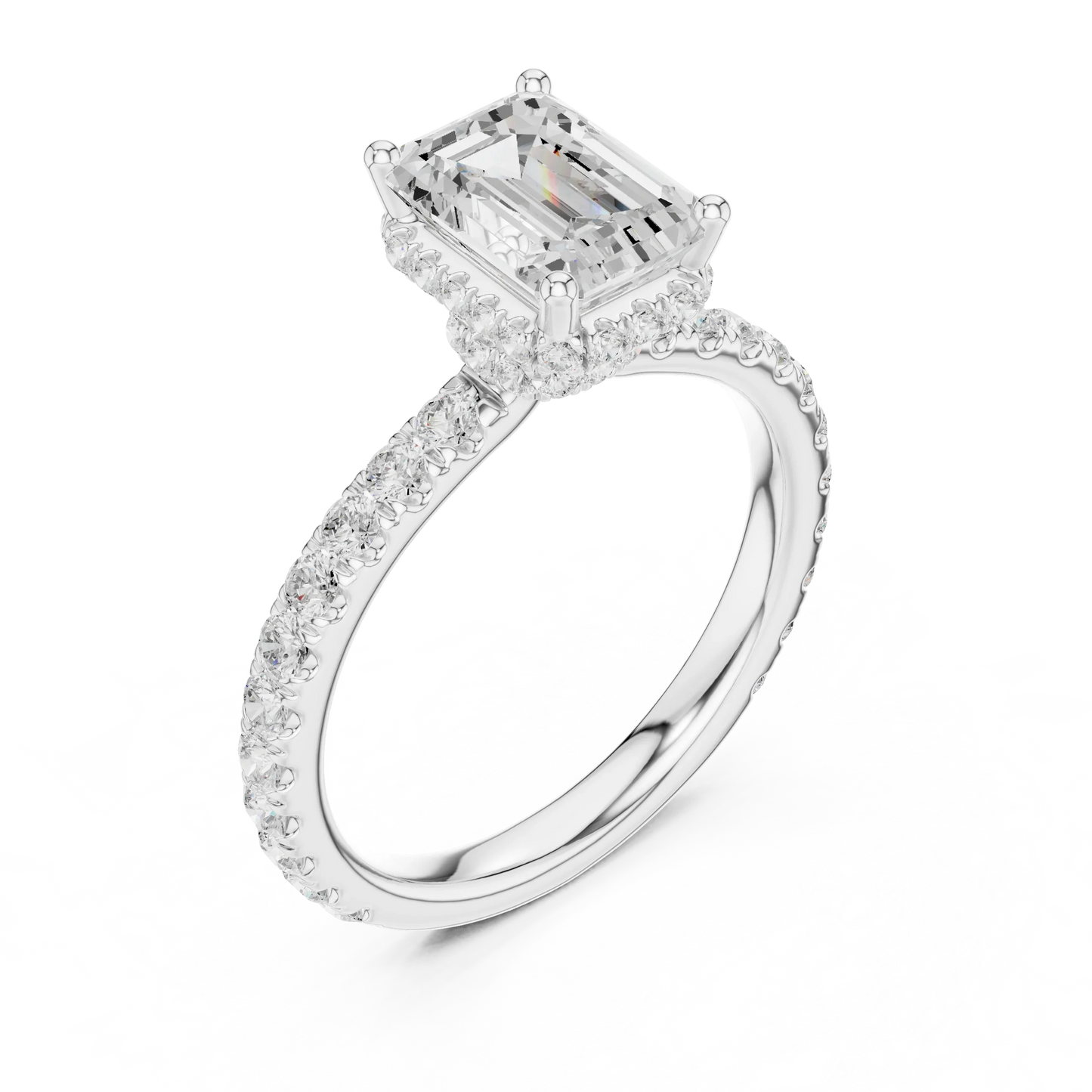 Front view of white gold emerald hidden halo ring with pave diamond band and lab-grown diamond 鈥?Australia
