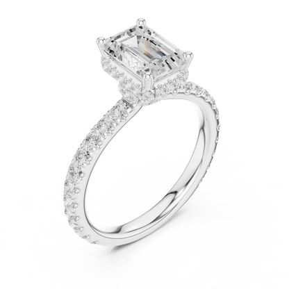 Front view of white gold emerald hidden halo ring with pave diamond band and lab-grown diamond 鈥?Australia