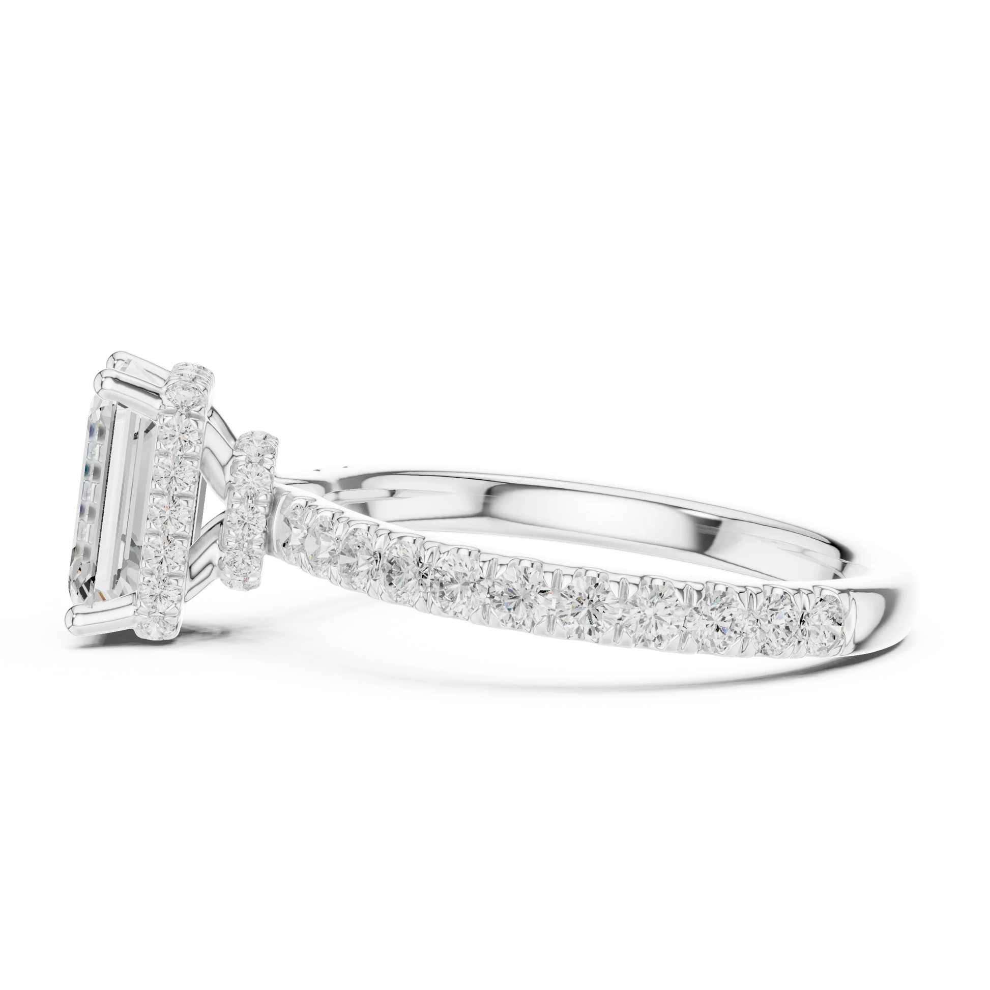 Side view of white gold emerald hidden halo ring with pave diamond band and lab-grown diamond 鈥?Australia