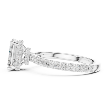 Side view of white gold emerald hidden halo ring with pave diamond band and lab-grown diamond 鈥?Australia