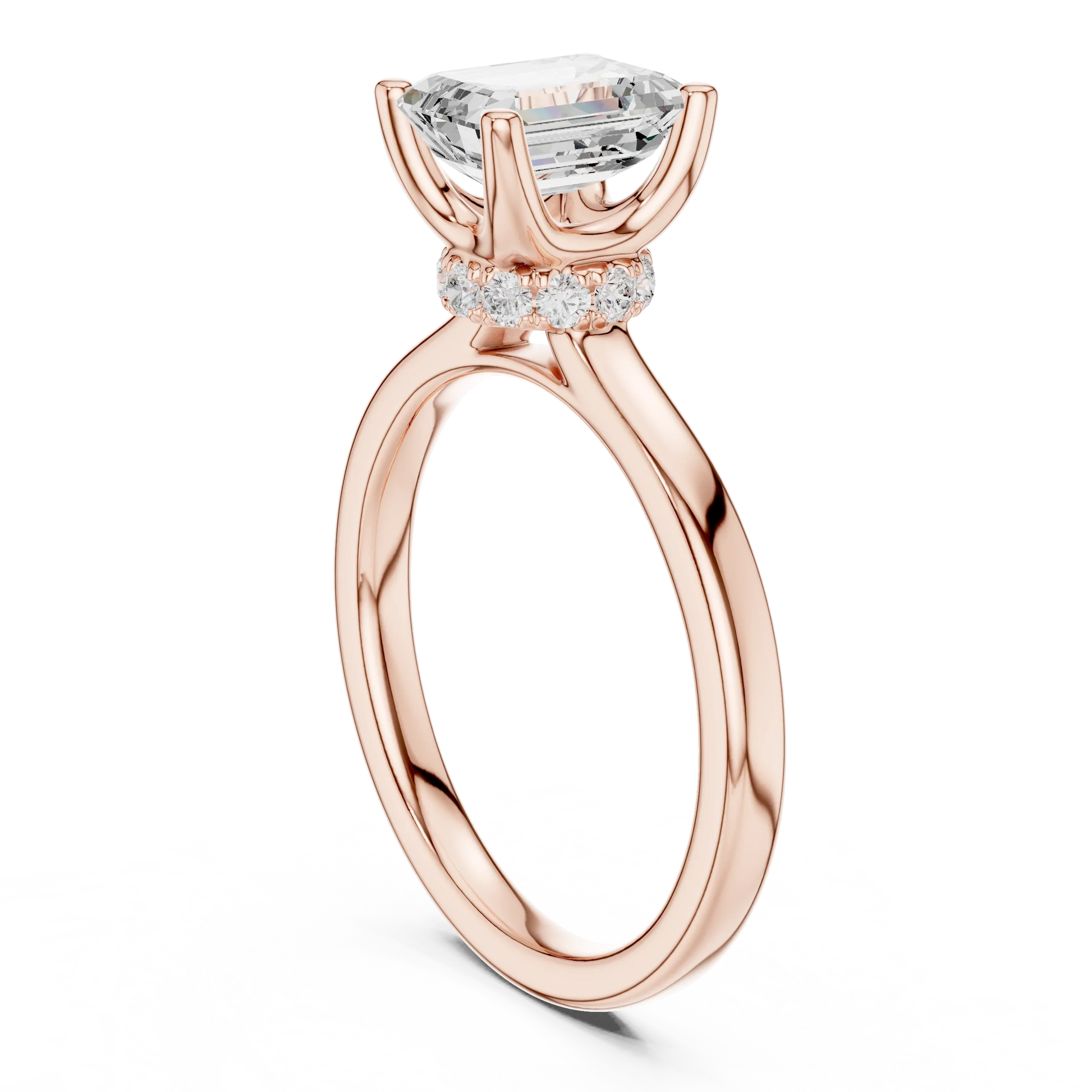 Back view of rose gold emerald solitaire ring with hidden halo and domed band and lab-grown diamond – Australia