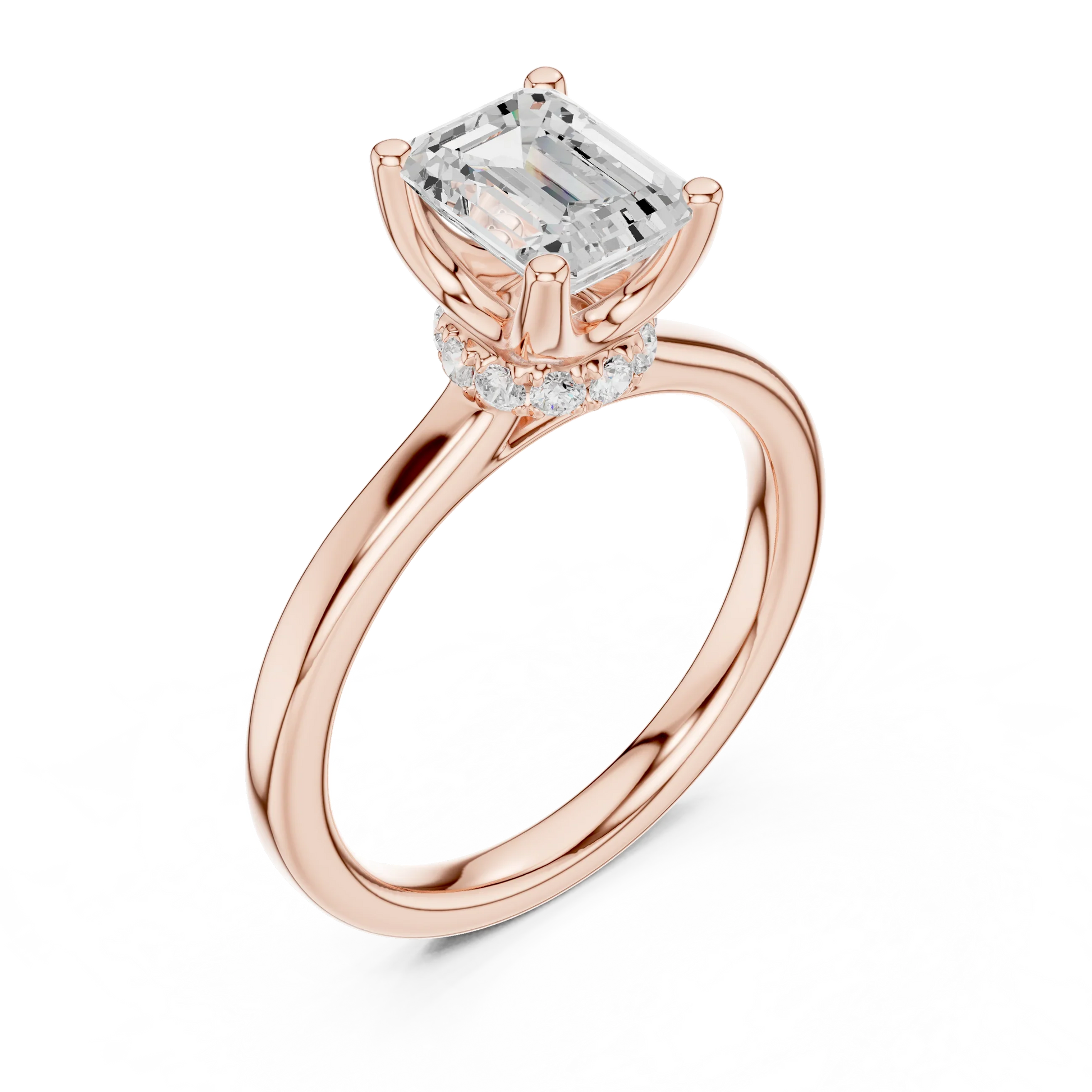 Front view of rose gold emerald solitaire ring with hidden halo and domed band and lab-grown diamond – Australia