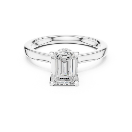 Emerald solitaire ring in white gold with hidden halo and domed band and lab-grown diamond – Australia